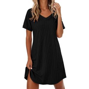 imageEkouaer Womens Nightgowns Short Sleeve Sleepshirt V Neck Top Shirt Dress Soft Nightshirts Loose Loungewear S3XLBlack