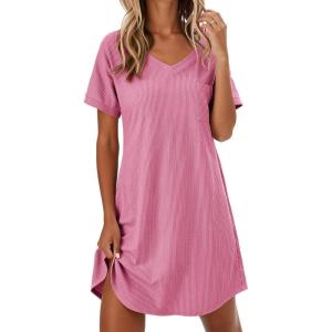 imageEkouaer Womens Nightgowns Short Sleeve Sleepshirt V Neck Top Shirt Dress Soft Nightshirts Loose Loungewear S3XLCoral Pink