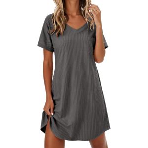 imageEkouaer Womens Nightgowns Short Sleeve Sleepshirt V Neck Top Shirt Dress Soft Nightshirts Loose Loungewear S3XLGray