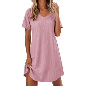 imageEkouaer Womens Nightgowns Short Sleeve Sleepshirt V Neck Top Shirt Dress Soft Nightshirts Loose Loungewear S3XLLight Pink