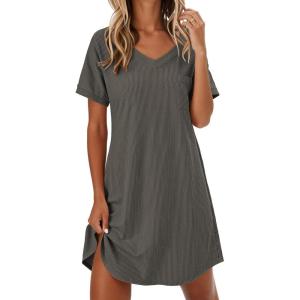 imageEkouaer Womens Nightgowns Short Sleeve Sleepshirt V Neck Top Shirt Dress Soft Nightshirts Loose Loungewear S3XLTea Gray