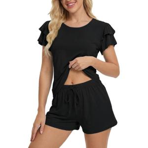 imageEkouaer Womens Pajama Sets 2 Piece Ruffle Sleeves Top and Shorts Pjs Soft Sleepwear Casual Lounge Set with PocketsBlack
