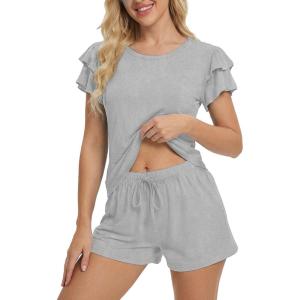 imageEkouaer Womens Pajama Sets 2 Piece Ruffle Sleeves Top and Shorts Pjs Soft Sleepwear Casual Lounge Set with PocketsLight Gray