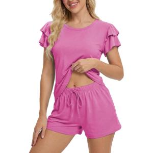 imageEkouaer Womens Pajama Sets 2 Piece Ruffle Sleeves Top and Shorts Pjs Soft Sleepwear Casual Lounge Set with PocketsRose Red