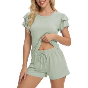 imageEkouaer Womens Pajama Sets 2 Piece Ruffle Sleeves Top and Shorts Pjs Soft Sleepwear Casual Lounge Set with PocketsSage Green