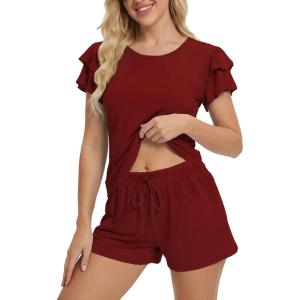 imageEkouaer Womens Pajama Sets 2 Piece Ruffle Sleeves Top and Shorts Pjs Soft Sleepwear Casual Lounge Set with PocketsWine Red