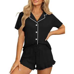 imageEkouaer Womens Pajama Sets Button Down Short Sleeve Top and Shorts Cute Pjs Sets SleepwearBlack