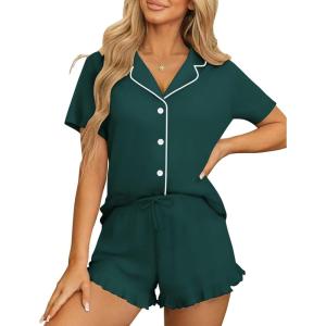 imageEkouaer Womens Pajama Sets Button Down Short Sleeve Top and Shorts Cute Pjs Sets SleepwearGreen