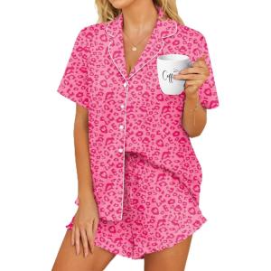 imageEkouaer Womens Pajama Sets Button Down Short Sleeve Top and Shorts Cute Pjs Sets SleepwearHot Pink Leopard