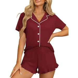 imageEkouaer Womens Pajama Sets Button Down Short Sleeve Top and Shorts Cute Pjs Sets SleepwearWine Red
