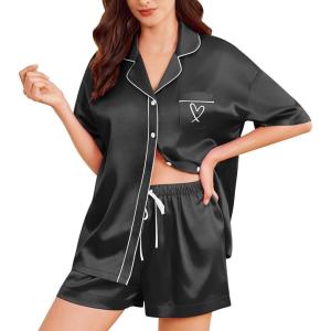 imageEkouaer Womens Silk Satin Pajama Set 2 Piece Heart Embroidery Short Sleeve Button Up Pjs for Bridal PartyBlack