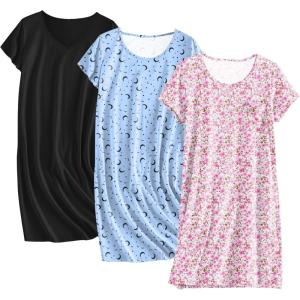 imageEkouaer Cotton Nightgowns for Women 3 Pack Sleepshirts Short Sleeve Night Shirt Tshirt Night Gown Print Sleepwear DressBlue MoonBlackPink Floral