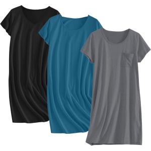 imageEkouaer Cotton Nightgowns for Women 3 Pack Sleepshirts Short Sleeve Night Shirt Tshirt Night Gown Print Sleepwear DressDark BlueBlackDark Grey