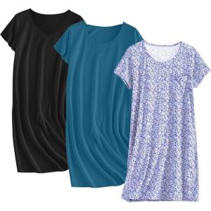 imageEkouaer Cotton Nightgowns for Women 3 Pack Sleepshirts Short Sleeve Night Shirt Tshirt Night Gown Print Sleepwear DressDark BlueBlackPurple Floral