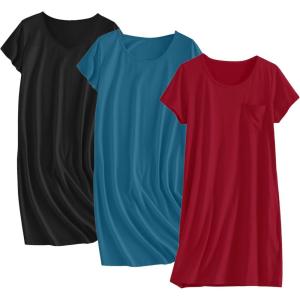 imageEkouaer Cotton Nightgowns for Women 3 Pack Sleepshirts Short Sleeve Night Shirt Tshirt Night Gown Print Sleepwear DressDark BlueBlackWine Red