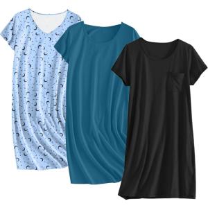 imageEkouaer Cotton Nightgowns for Women 3 Pack Sleepshirts Short Sleeve Night Shirt Tshirt Night Gown Print Sleepwear DressDark BlueBlue MoonBlack