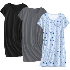 imageEkouaer Cotton Nightgowns for Women 3 Pack Sleepshirts Short Sleeve Night Shirt Tshirt Night Gown Print Sleepwear DressDark GreyBlackMoon Star