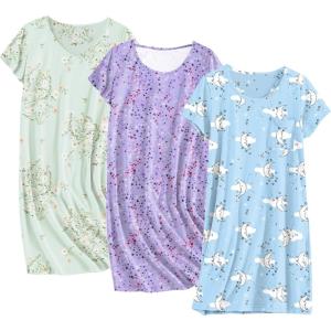 imageEkouaer Cotton Nightgowns for Women 3 Pack Sleepshirts Short Sleeve Night Shirt Tshirt Night Gown Print Sleepwear DressLittle DaisyBlue White MoonPurple Star
