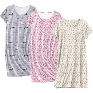 imageEkouaer Cotton Nightgowns for Women 3 Pack Sleepshirts Short Sleeve Night Shirt Tshirt Night Gown Print Sleepwear DressPink FloralGrey CoffeYellow Floral