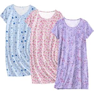 imageEkouaer Cotton Nightgowns for Women 3 Pack Sleepshirts Short Sleeve Night Shirt Tshirt Night Gown Print Sleepwear DressPink FloralMoon StarPurple Star