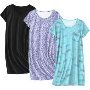 imageEkouaer Cotton Nightgowns for Women 3 Pack Sleepshirts Short Sleeve Night Shirt Tshirt Night Gown Print Sleepwear DressPurple FloralBlackBlue Butterfly