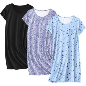 imageEkouaer Cotton Nightgowns for Women 3 Pack Sleepshirts Short Sleeve Night Shirt Tshirt Night Gown Print Sleepwear DressPurple FloralBlackBlue Moon