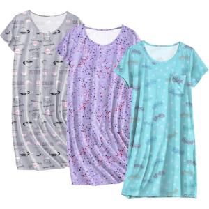 imageEkouaer Cotton Nightgowns for Women 3 Pack Sleepshirts Short Sleeve Night Shirt Tshirt Night Gown Print Sleepwear DressPurple StarGrey CoffeBlue Butterfly