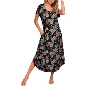 imageEkouaer Long Nightgowns for Women with Pockets Short Sleeves Moo Moos for Women Casual Maxi Dress House Dresses SXXXLBlack Blue Flowers