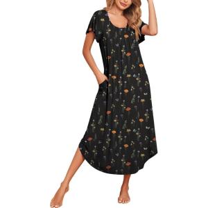 imageEkouaer Long Nightgowns for Women with Pockets Short Sleeves Moo Moos for Women Casual Maxi Dress House Dresses SXXXLBlack Butterfly Flower
