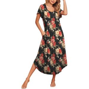 imageEkouaer Long Nightgowns for Women with Pockets Short Sleeves Moo Moos for Women Casual Maxi Dress House Dresses SXXXLBlack Flower