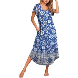 imageEkouaer Long Nightgowns for Women with Pockets Short Sleeves Moo Moos for Women Casual Maxi Dress House Dresses SXXXLBohemian Blue