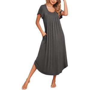 imageEkouaer Long Nightgowns for Women with Pockets Short Sleeves Moo Moos for Women Casual Maxi Dress House Dresses SXXXLDrak Grey