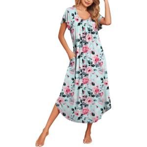 imageEkouaer Long Nightgowns for Women with Pockets Short Sleeves Moo Moos for Women Casual Maxi Dress House Dresses SXXXLGreen Flower