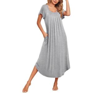 imageEkouaer Long Nightgowns for Women with Pockets Short Sleeves Moo Moos for Women Casual Maxi Dress House Dresses SXXXLLight Grey