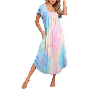 imageEkouaer Long Nightgowns for Women with Pockets Short Sleeves Moo Moos for Women Casual Maxi Dress House Dresses SXXXLPink Tiedye