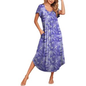 imageEkouaer Long Nightgowns for Women with Pockets Short Sleeves Moo Moos for Women Casual Maxi Dress House Dresses SXXXLPurple Flower