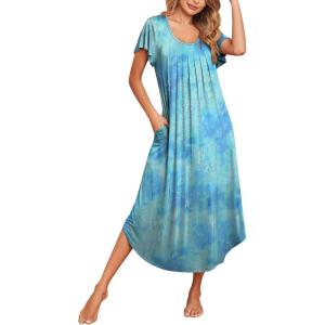 imageEkouaer Long Nightgowns for Women with Pockets Short Sleeves Moo Moos for Women Casual Maxi Dress House Dresses SXXXLTeal Tiedye