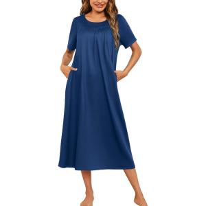 imageEkouaer Womens House Dress with Pockets Long Nightgowns for Women House Dress Pleated Front Moo Moos for Women SXXXLNavy Blue