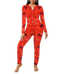 imageEkouaer Womens Onesie Adult Button One Piece Pajama Long Sleeve Onesie Pajamas Jumpsuit Sleepwear for WomenChristmas Symbols