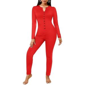 imageEkouaer Womens Onesie Adult Button One Piece Pajama Long Sleeve Onesie Pajamas Jumpsuit Sleepwear for WomenRed