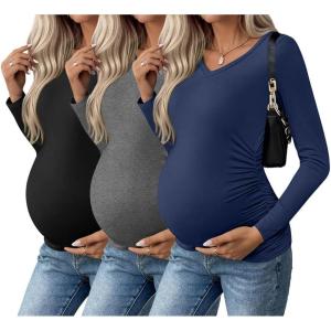 image:imageEkouaer Womens Maternity Shirts Long Sleeve 3 Packs Pregnancy VNeck Clothes Side Ruched Blouse Tops for Mama SXXLBlackDark GreyBlue