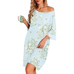 image:imageEkouaer Plus Size Nightgowns for Women Bamboo Viscose Sleepshirts Short Sleeve Nightshirt Oversized Sleepwear SleepdressCyan White Florals