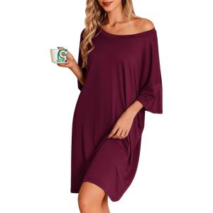 image:imageEkouaer Plus Size Nightgowns for Women Bamboo Viscose Sleepshirts Short Sleeve Nightshirt Oversized Sleepwear SleepdressDark Red