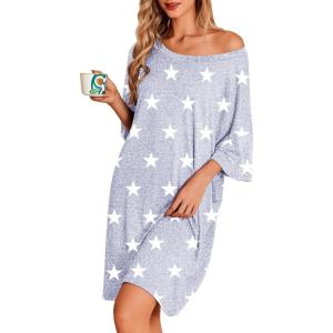 image:imageEkouaer Plus Size Nightgowns for Women Bamboo Viscose Sleepshirts Short Sleeve Nightshirt Oversized Sleepwear SleepdressGrey White Stars