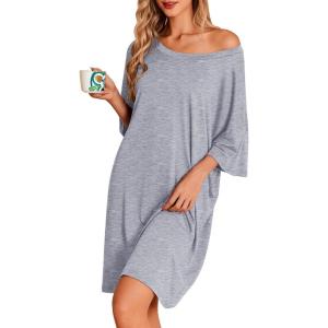 image:imageEkouaer Plus Size Nightgowns for Women Bamboo Viscose Sleepshirts Short Sleeve Nightshirt Oversized Sleepwear SleepdressLight Grey