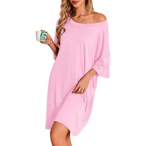 image:imageEkouaer Plus Size Nightgowns for Women Bamboo Viscose Sleepshirts Short Sleeve Nightshirt Oversized Sleepwear SleepdressPink