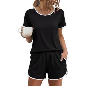 image:imageEkouaer Womens Pajama Sets Short Sleeve Sleepwear Soft Pjs Sets Round Neck Summer 2 Piece Lounge Set with Pockets SXXLBlack