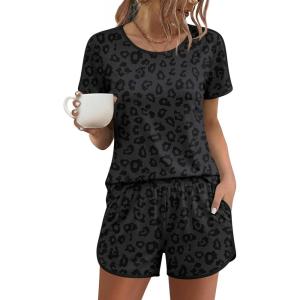 image:imageEkouaer Womens Pajama Sets Short Sleeve Sleepwear Soft Pjs Sets Round Neck Summer 2 Piece Lounge Set with Pockets SXXLBlack Leopard Print