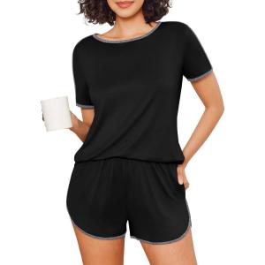 image:imageEkouaer Womens Pajama Sets Short Sleeve Sleepwear Soft Pjs Sets Round Neck Summer 2 Piece Lounge Set with Pockets SXXLBlack With Grey Piping
