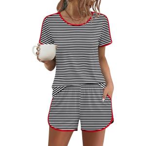 image:imageEkouaer Womens Pajama Sets Short Sleeve Sleepwear Soft Pjs Sets Round Neck Summer 2 Piece Lounge Set with Pockets SXXLBlack and White Stripe